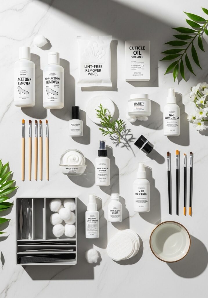 Additional nail care supplies: remover, oils, brushes, and accessories.