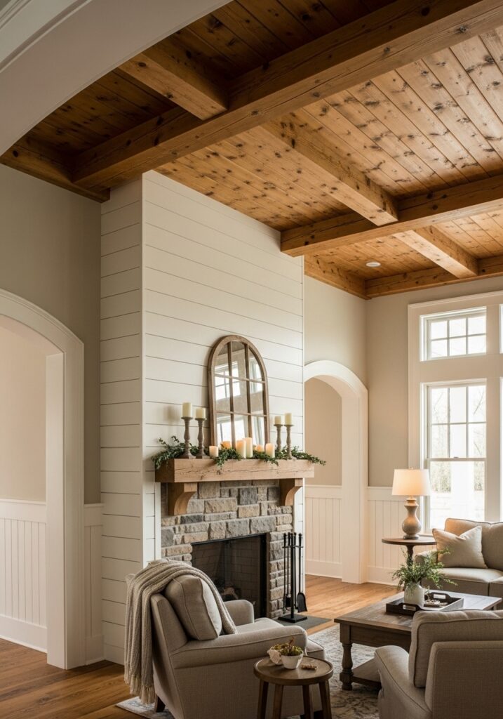 Complete farmhouse living room showing shiplap accent wall, exposed wooden beams, stone fireplace, board-and-batten treatment, and traditional trim creating warm architectural character.