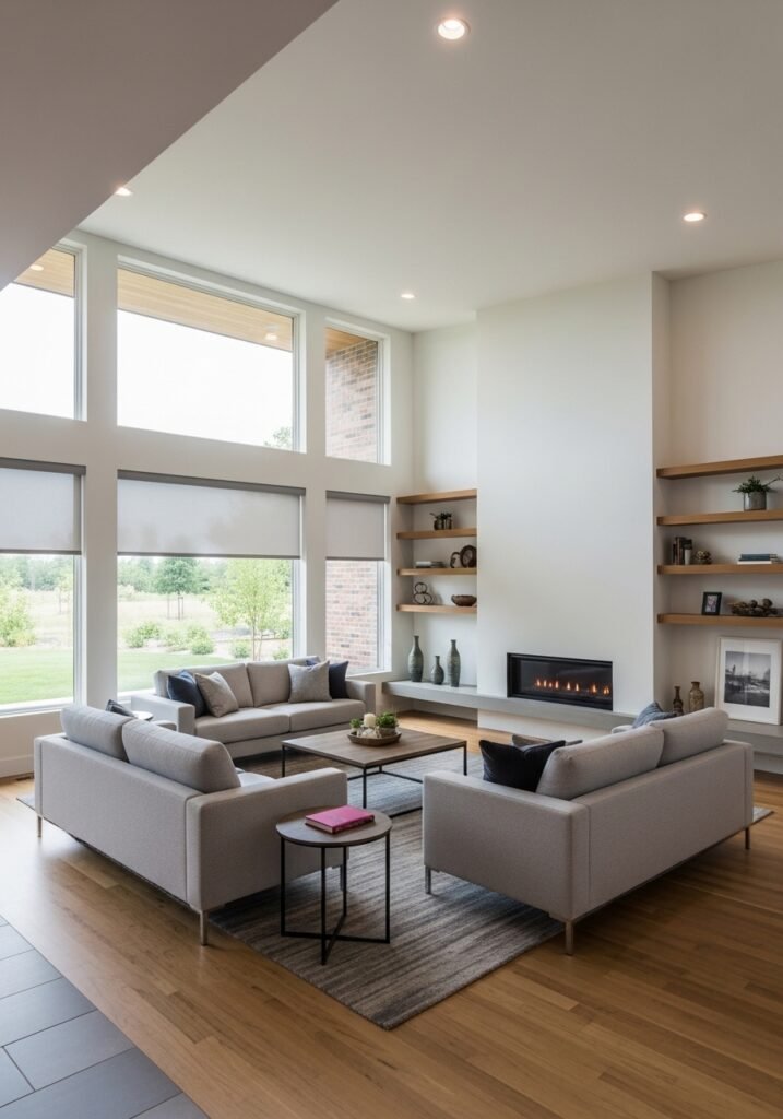 Modern living room demonstrating open floor plan, ceiling-height windows, fireplace focal point, integrated architectural shelving, furniture arrangement defining zones, and spatial planning supporting functional contemporary living.