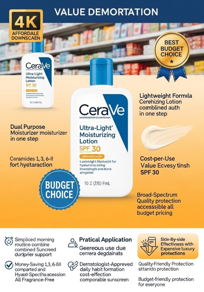 CeraVe Ultra-Light Moisturizing Lotion SPF 30 budget sunscreen showing affordable pricing, dual moisturizer-sunscreen benefits, and drugstore accessibility.