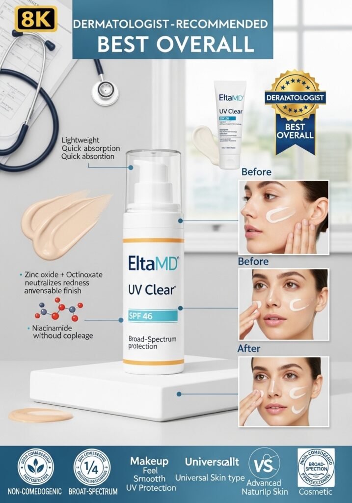 EltaMD UV Clear SPF 46 sunscreen bottle with texture demonstration showing lightweight tinted formula and dermatologist recommendation.