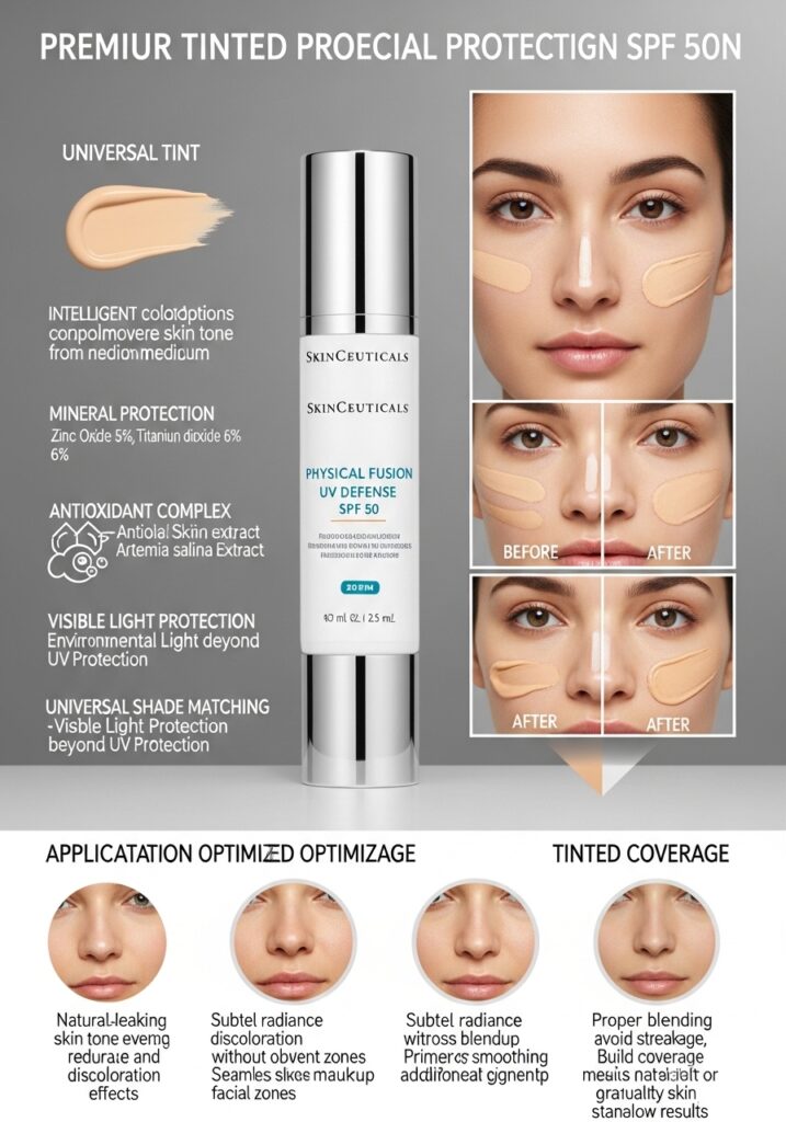 SkinCeuticals Physical Fusion UV Defense SPF 50 tinted sunscreen showing universal shade coverage, mineral protection, and skin tone evening effects.