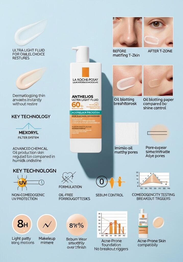 La Roche-Posay Anthelios Ultra Light Fluid SPF 60 showing oil-free texture, mattifying effects, and application on oily acne-prone skin.