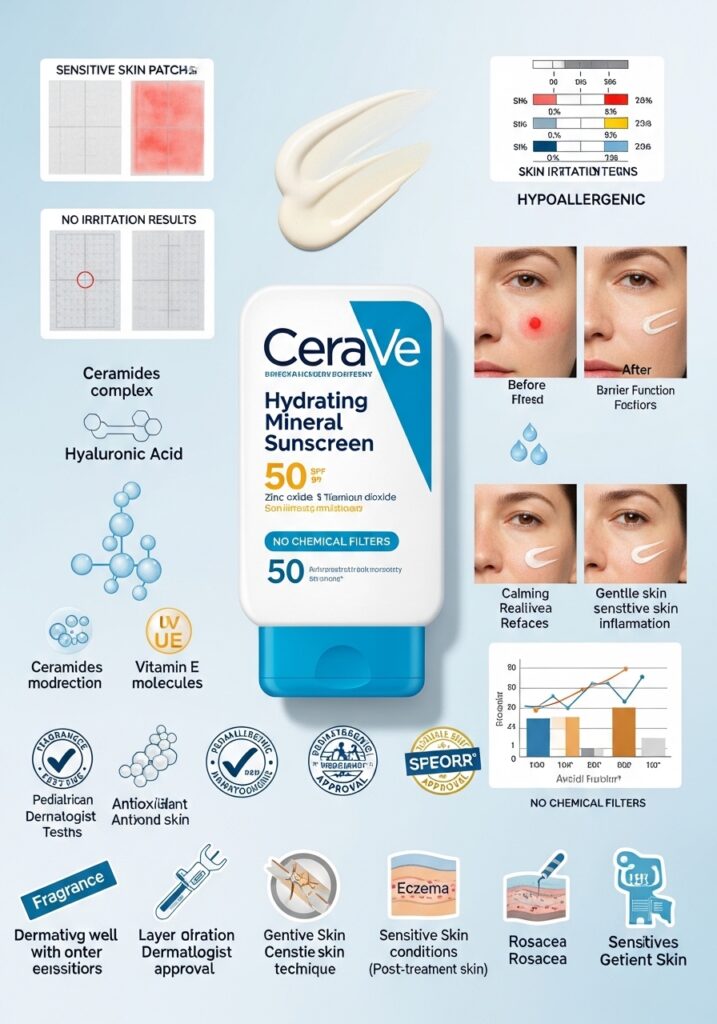 CeraVe Hydrating Mineral Sunscreen SPF 50 with ceramides and zinc oxide, showing gentle application on sensitive skin without irritation.