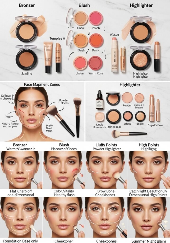 Bronzer, blush, and highlighter products with face placement demonstration and progression showing dimensional summer night glam sculpting.