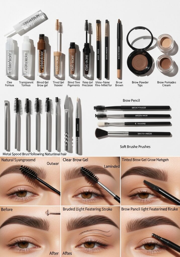 Brow products and grooming: gels, pencils, and spoolie brush technique for definition.