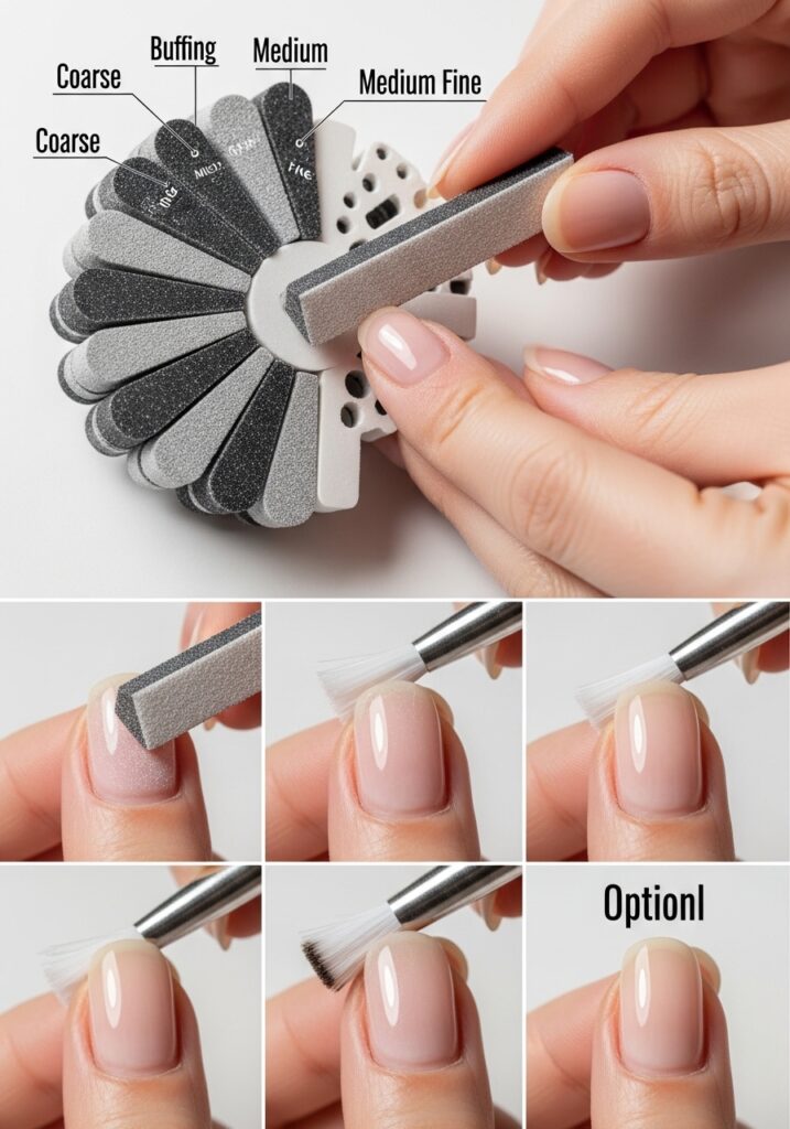 Nail buffing with multi-sided buffer showing smooth nail surface preparation.