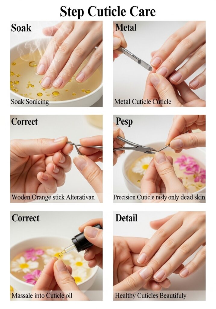 Step-by-step cuticle care: soaking, pushing back, trimming, and moisturizing.