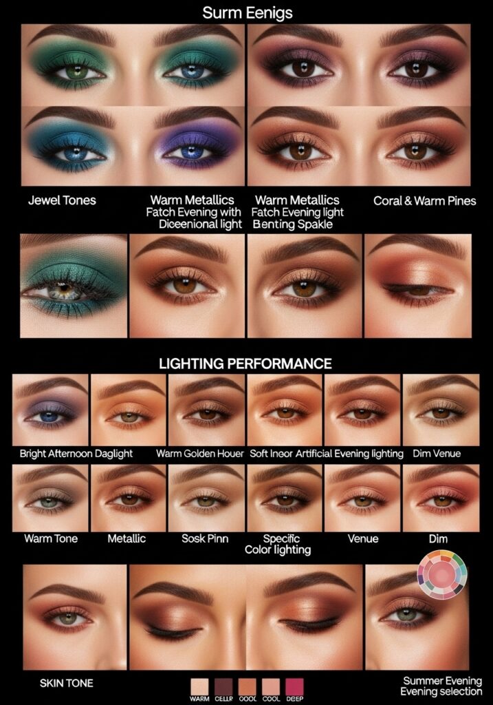 Eyeshadow color selection for summer evening lighting showing jewel tones, warm metallics, and coral tones across lighting conditions.
