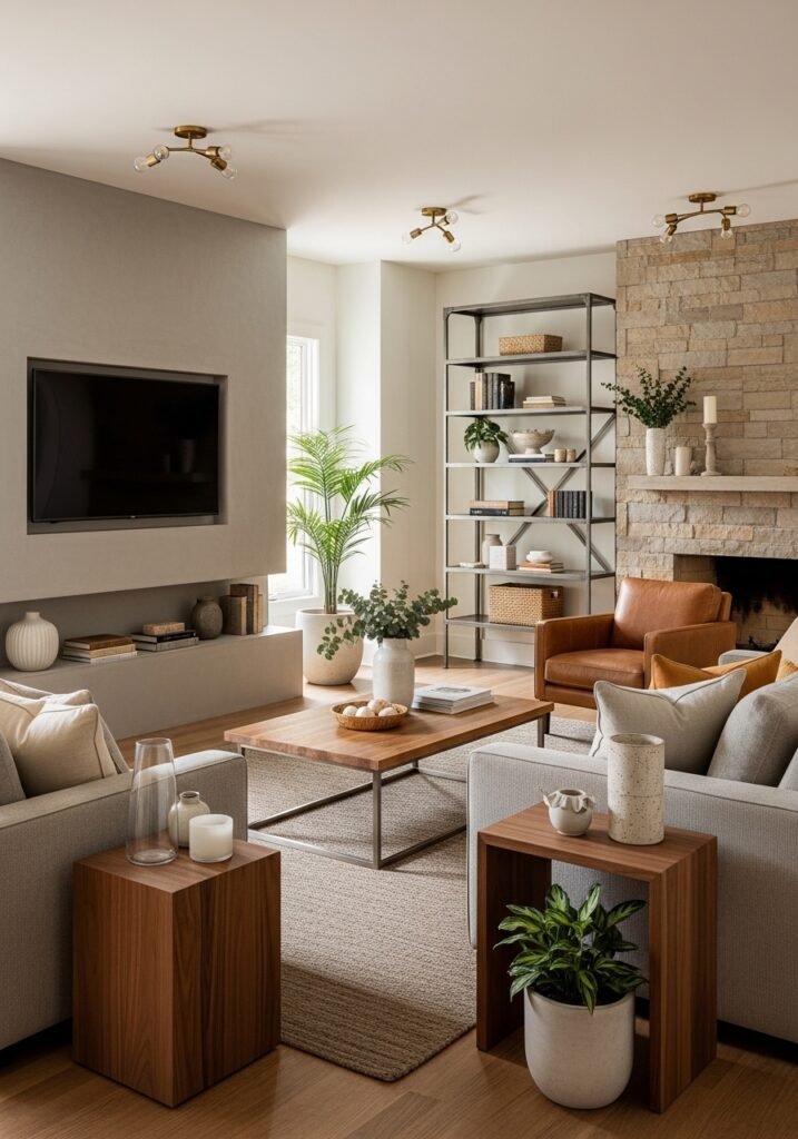 Complete modern living room showing integrated material and color selections including warm neutrals, natural wood, stone, concrete, metals, leather, and textiles working together in cohesive sophisticated aesthetic.