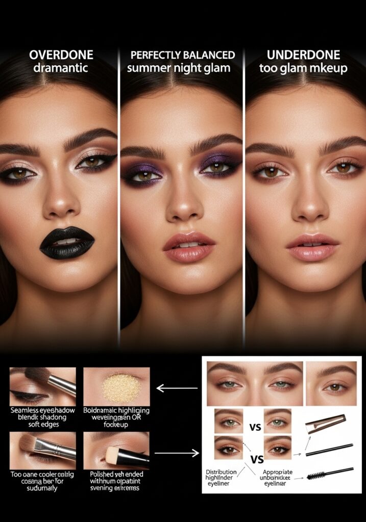 Three-panel comparison showing overdone, perfectly balanced, and underdone summer night glam makeup demonstrating drama and wearability balance.
