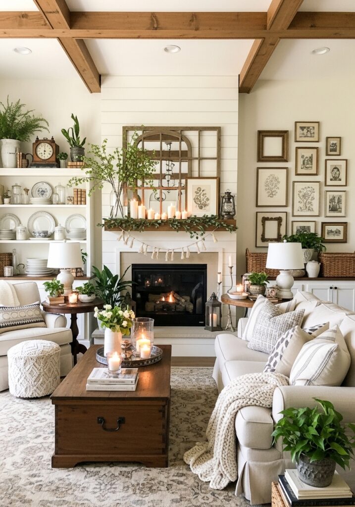 Complete farmhouse living room showing coordinated decor styling including gallery wall, mantel display, styled surfaces, plants, and layered accessories.