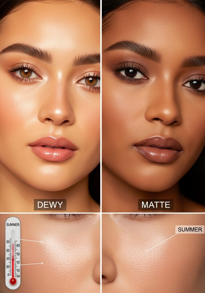 Side-by-side comparison of dewy versus matte makeup finishes in summer evening lighting.