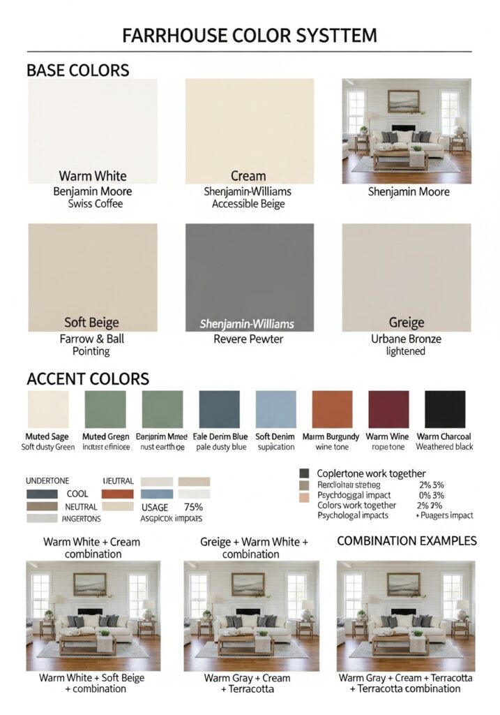 Lighting impact comparison showing how farmhouse colors appear under different natural and artificial lighting conditions throughout the day.