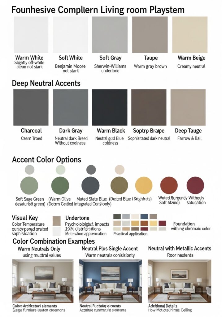Complete modern color palette examples for minimalist, warm contemporary, cool contemporary, mid-century, industrial, Scandinavian, and luxury modern styles.
