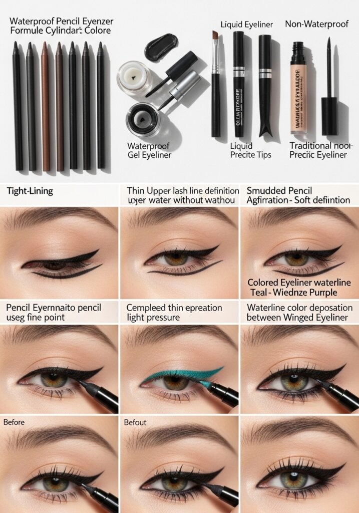 Eyeliner options and application: pencil, gel, liquid, and waterline techniques.