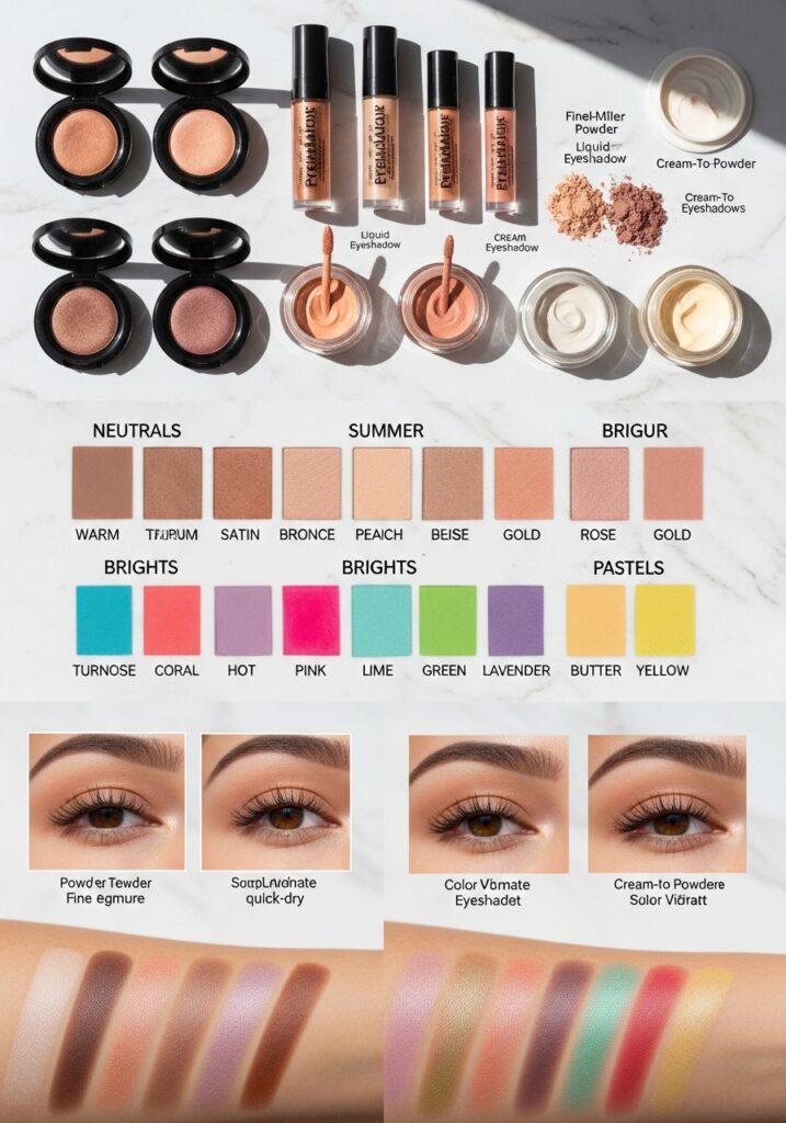 Eyeshadow formulas and summer colors: powder, liquid, cream swatches.