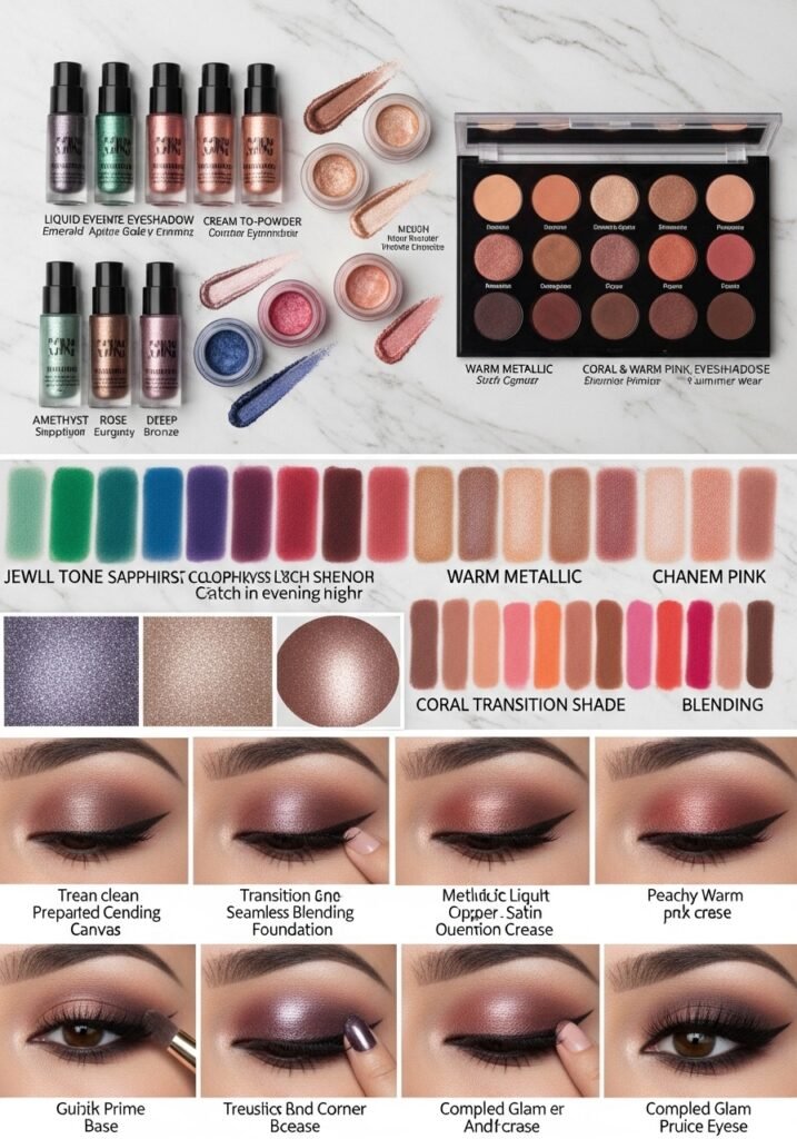 Bold eyeshadow products for summer night glam showing jewel tones, warm metallics, liquid formulas, and dramatic application techniques.