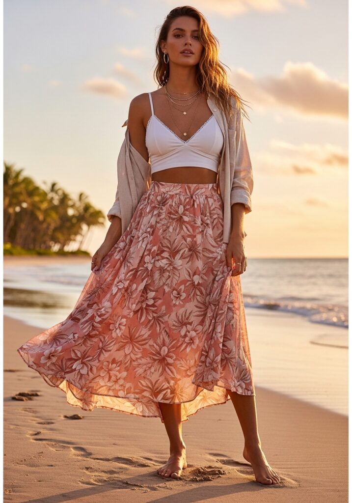 Boho tropical look: flowy midi skirt with bralette at sunset.