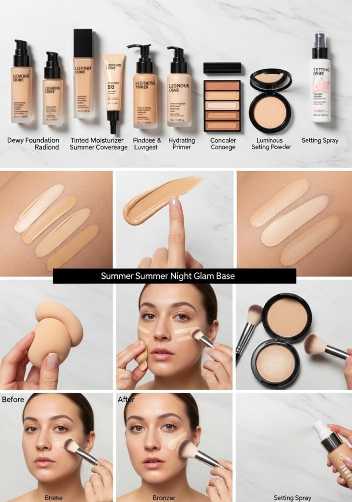 Summer night glam foundation and base products showing dewy finish foundation, primer, concealer, and application techniques.