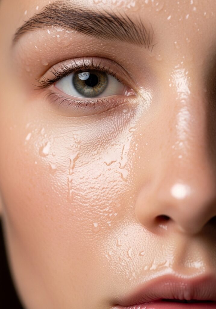 Extreme close-up of glass skin showing ultra-smooth, translucent, dewy, and luminous complexion with perfect clarity.