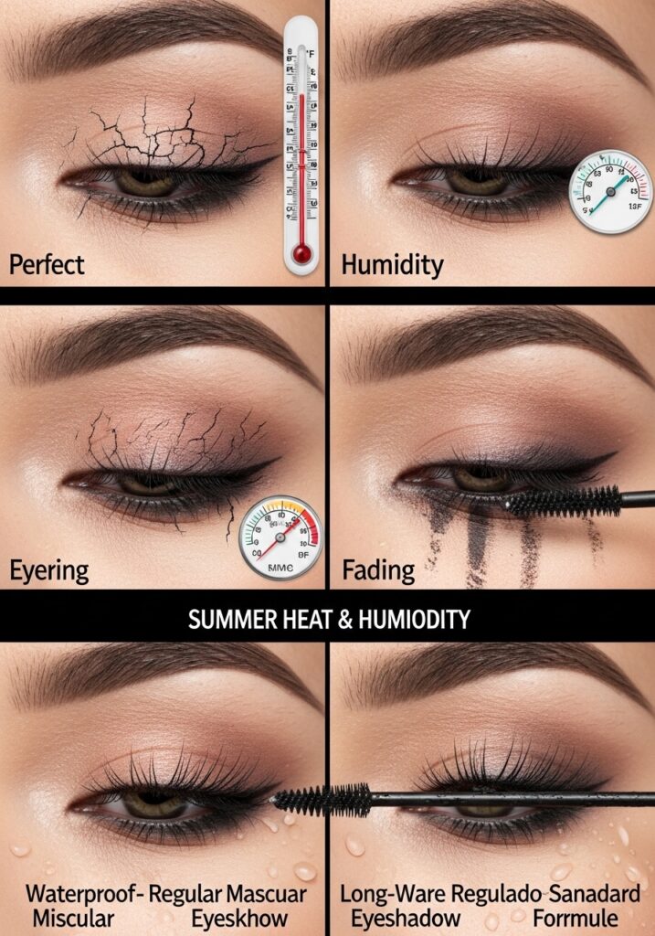 Eye makeup deterioration showing heat and humidity damage throughout day.