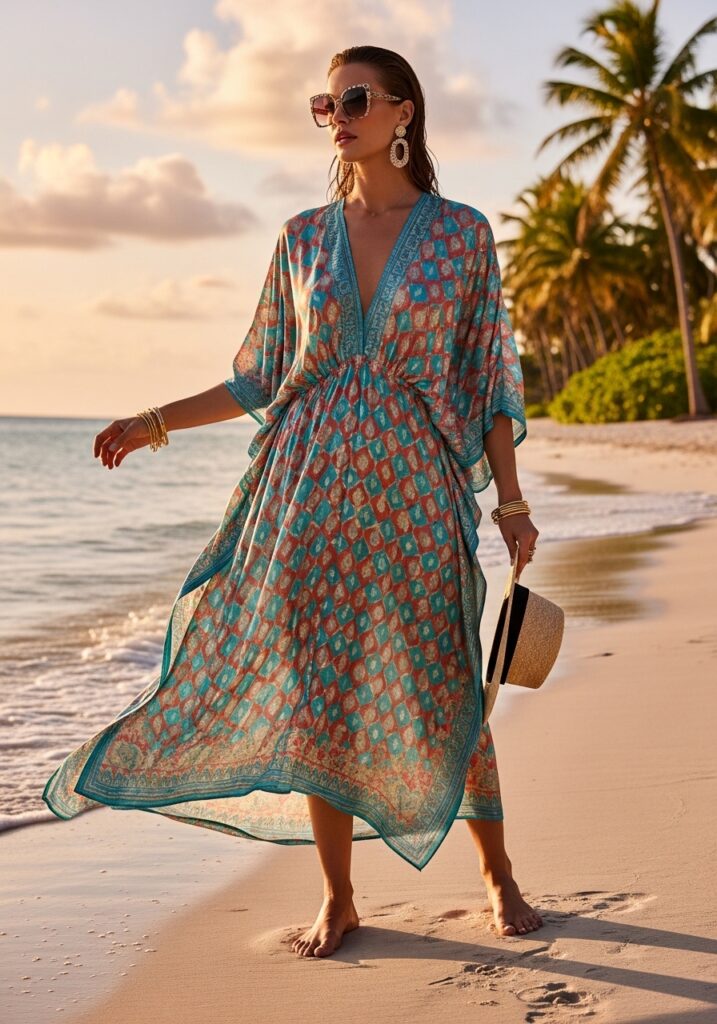 Elegant tropical kaftan dress outfit – flowy resort wear look for beach vacation at sunset.