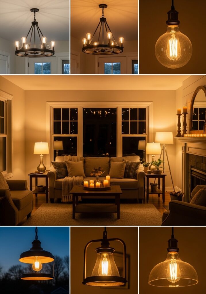Complete farmhouse living room showing layered lighting from multiple sources including pendants, table lamps, floor lamps, and candles creating warm inviting ambiance.
