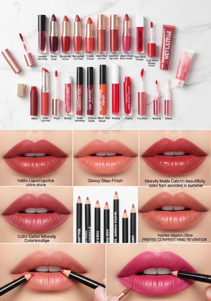 Long-wear lip products for summer night glam showing liquid lipsticks, glosses, liners in jewel tones and warm colors with application demonstration.