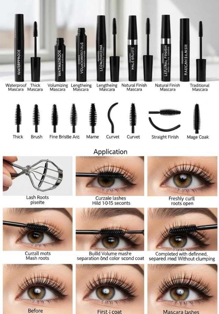 Mascara selection and application showing wands, curling, and zigzag application technique.
