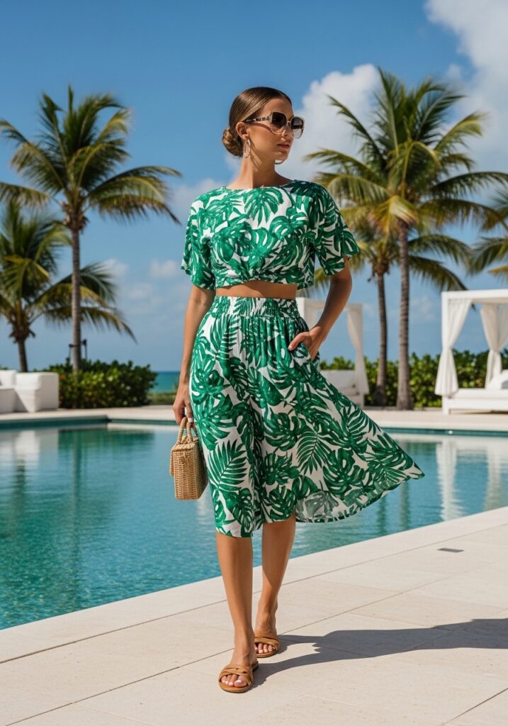 Tropical co-ord set outfit by the resort pool.
