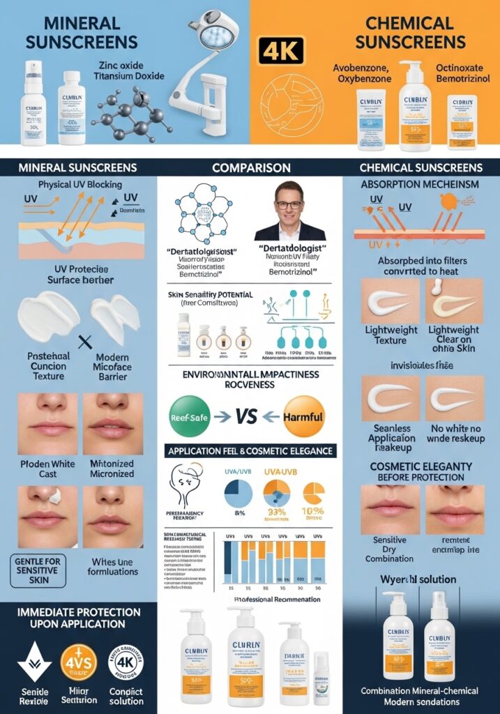 Dermatologist comparison of mineral vs chemical sunscreens showing ingredients, UV blocking mechanisms, skin compatibility, and application differences.
