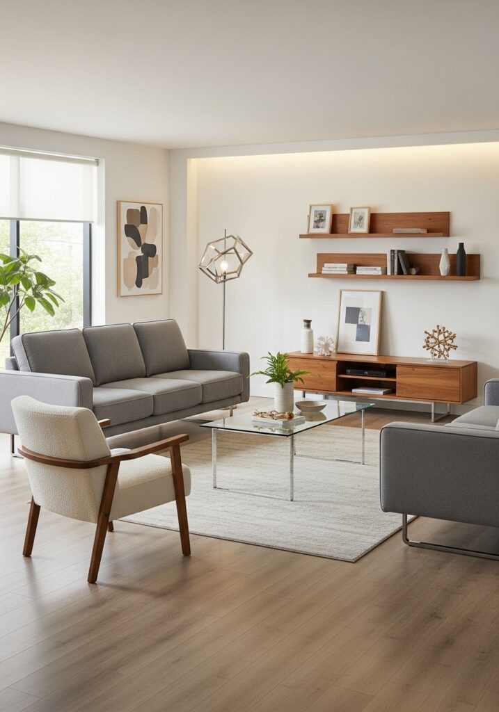 Complete modern furniture arrangement showing gray sectional, accent chair, glass coffee table, wooden media console, floating shelving, and strategic lighting in coordinated minimalist composition.