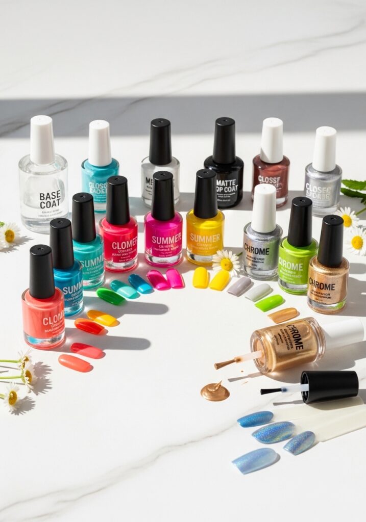 Summer nail polish collection with base coat, top coat & vibrant colors for perfect DIY manicures at home - nail care essentials.