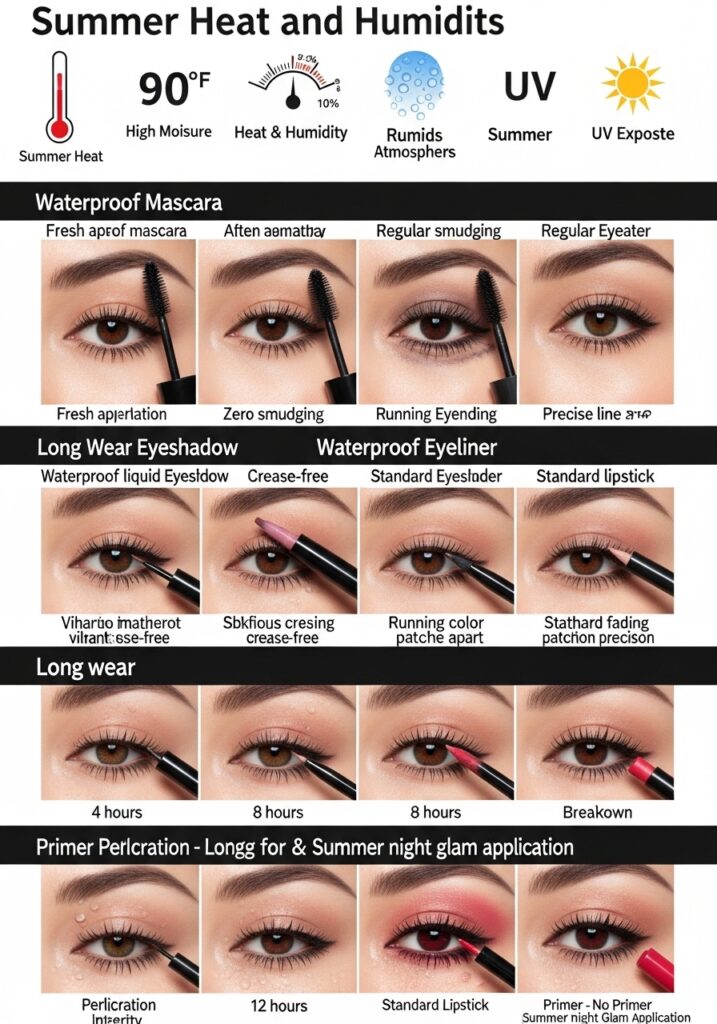 Makeup product performance comparison in summer heat and humidity showing waterproof versus standard formula results over time.