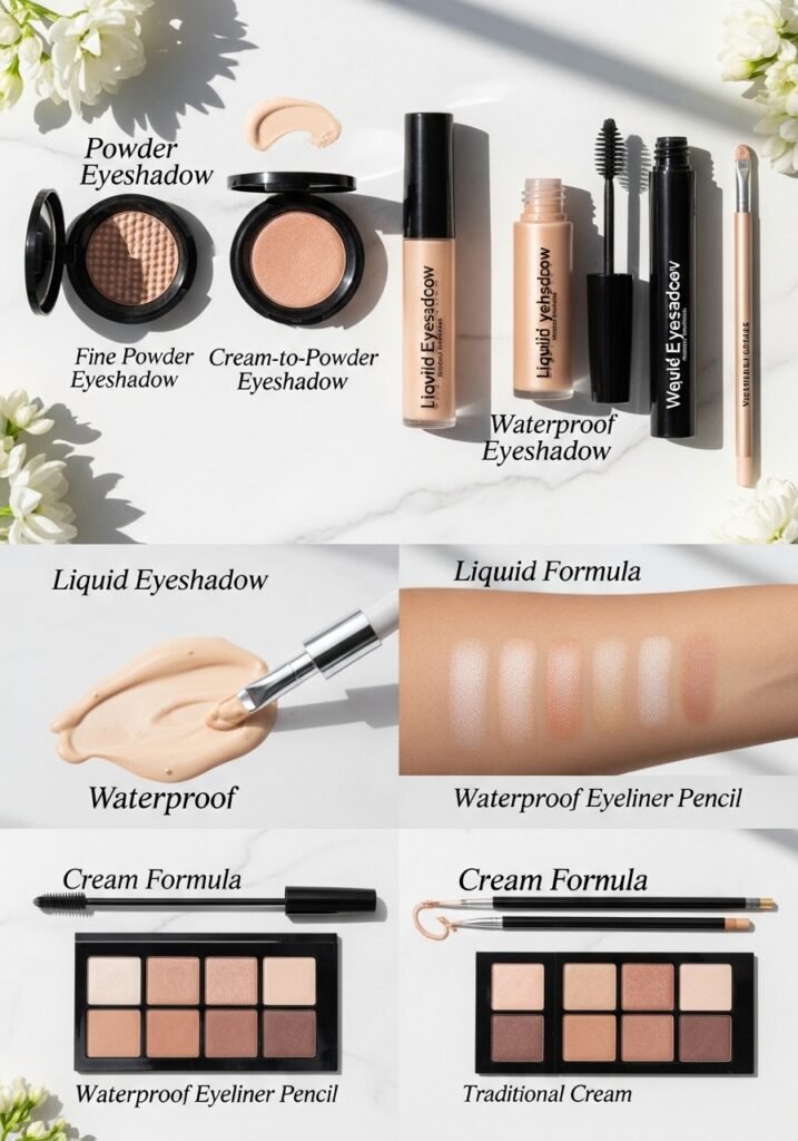 Various eye makeup formulas: powder, liquid, cream, and waterproof products.