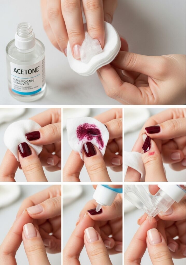 Step-by-step nail polish removal with cotton pad and remover solution.
