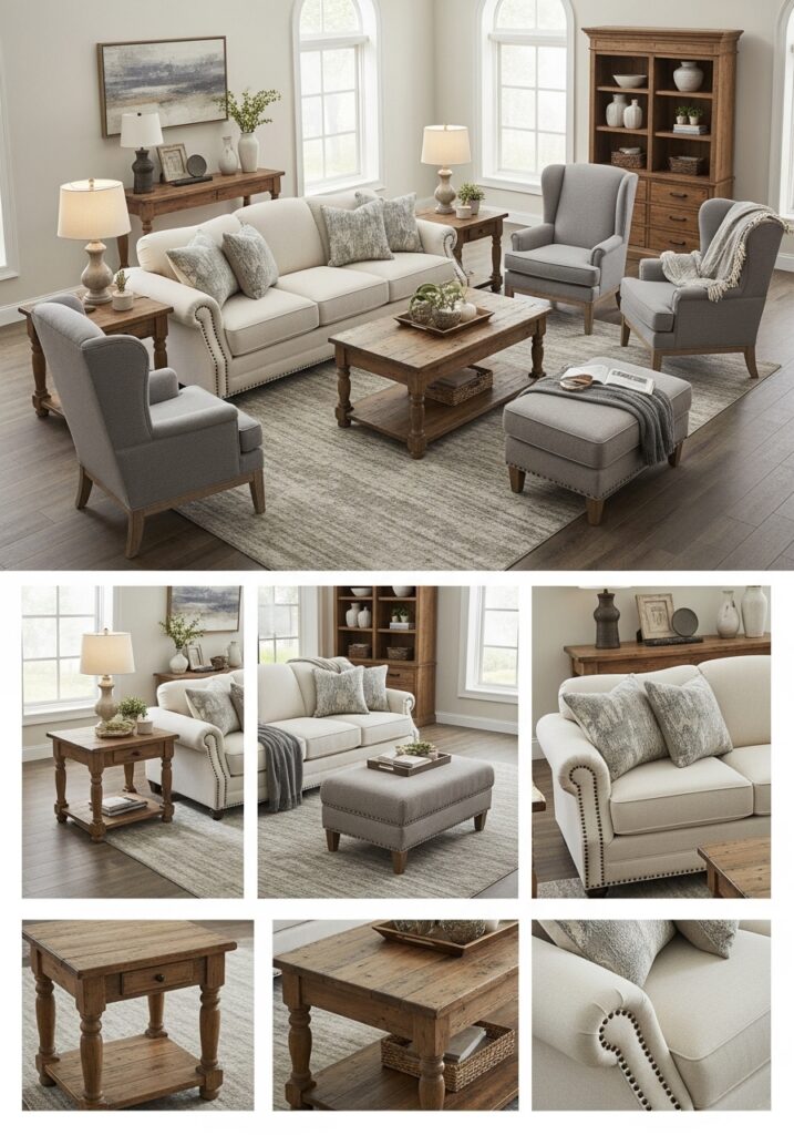 Complete farmhouse furniture arrangement showing comfortable sofa, armchairs, wooden tables, and storage pieces arranged for conversation and comfort.
