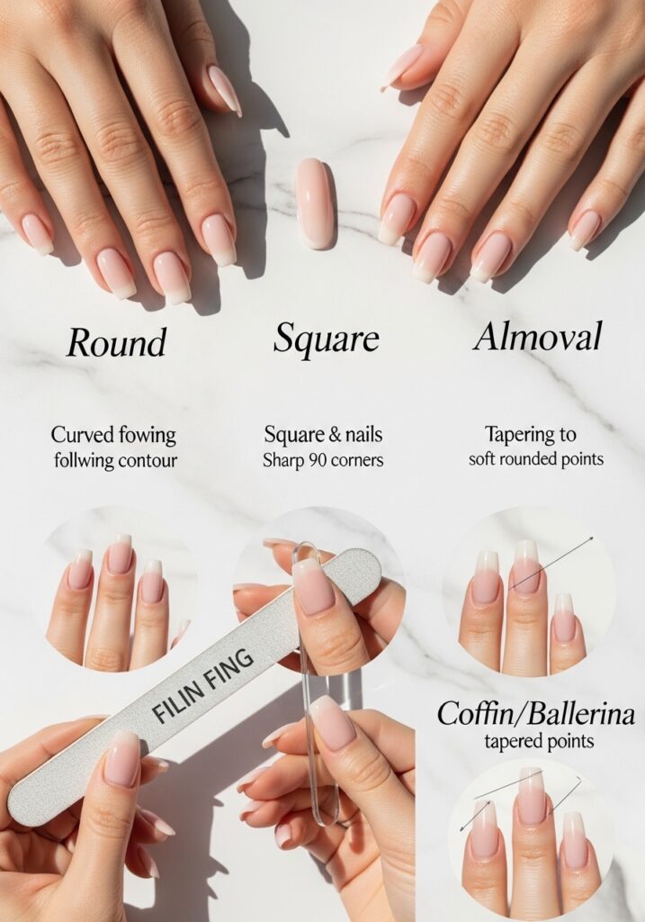 Five different nail shapes: round, square, squoval, almond, and coffin.
