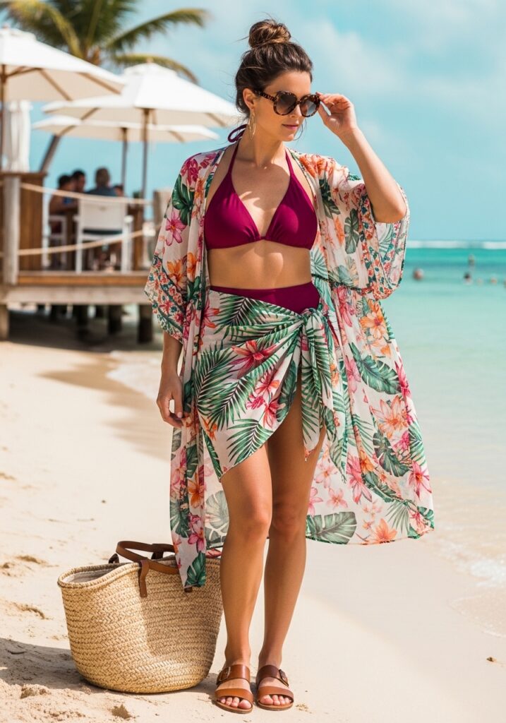 Beach outfit: bikini with sarong and kimono cover-up, perfect for beach-to-café style.