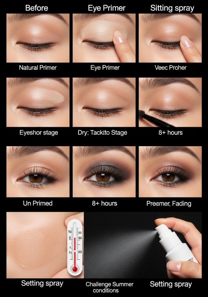 Before-and-after demonstrating eye primer and setting spray impact on makeup longevity.