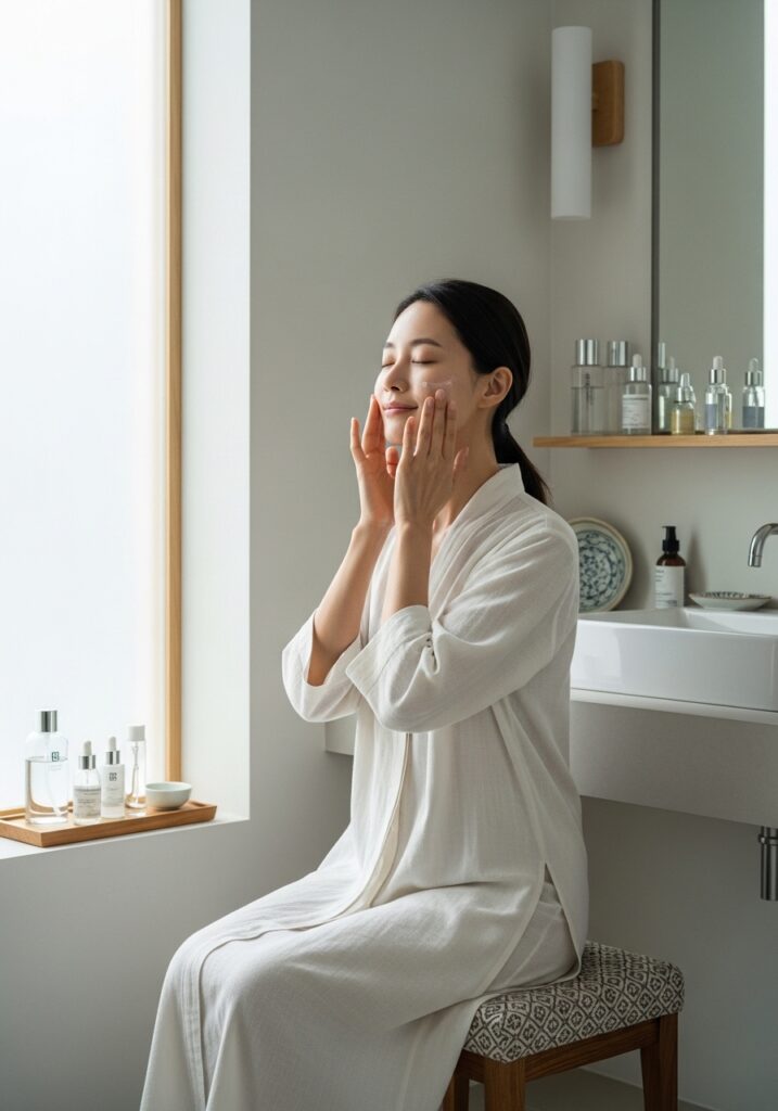 Korean woman practicing mindful skincare routine demonstrating the Korean beauty philosophy of gentle care and prevention.