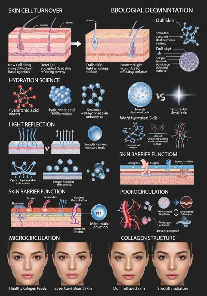 Scientific illustration showing skin cell turnover, hydration, light reflection, and barrier function that create glowing, radiant skin.