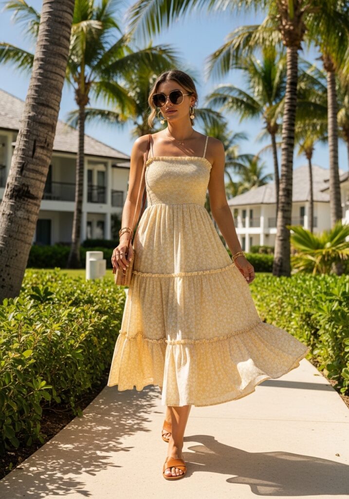 Tiered sundress with flat sandals tropical outfit – easy breezy beach vacation style.
