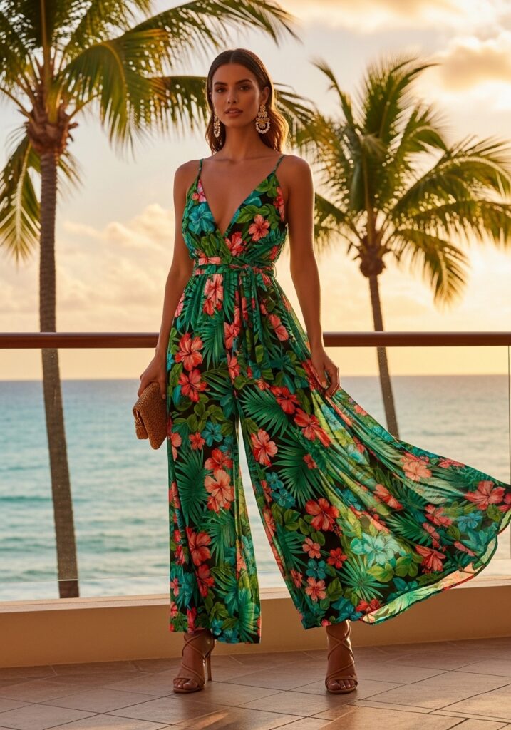 Tropical print jumpsuit at sunset resort.