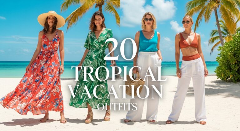Stylish tropical vacation outfits on beach with palm trees and ocean backdrop.