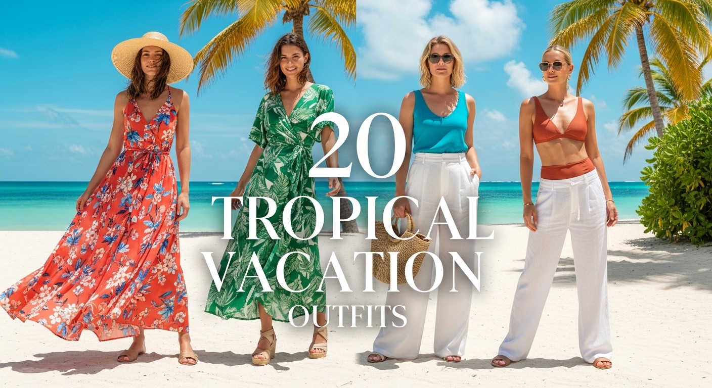 Stylish tropical vacation outfits on beach with palm trees and ocean backdrop.