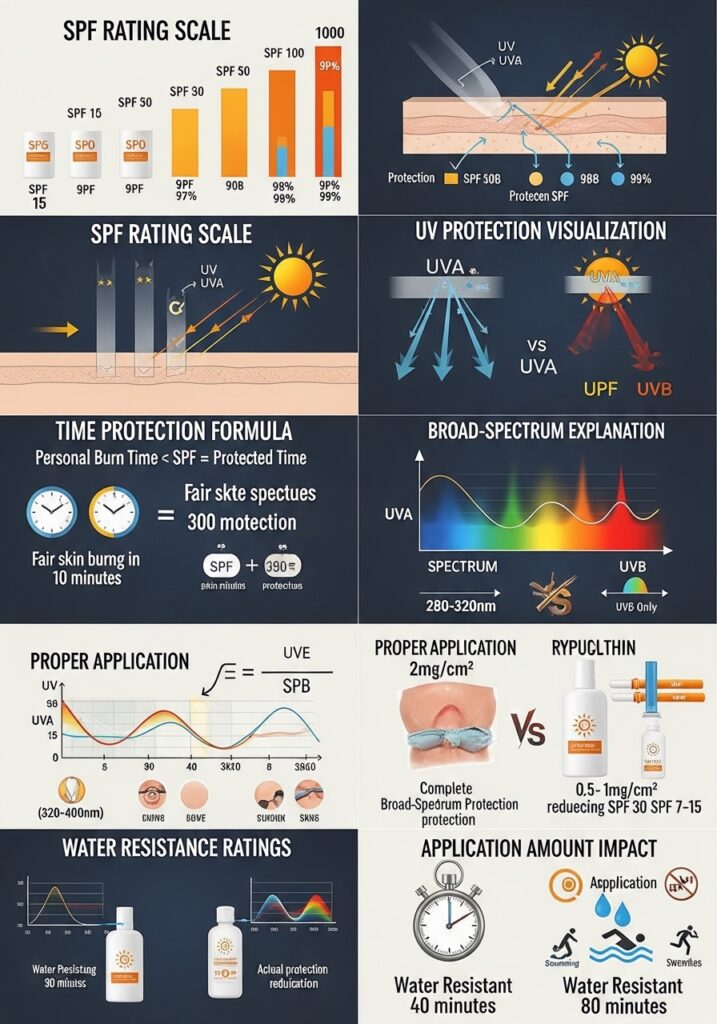 Educational infographic showing SPF ratings (15, 30, 50, 100), UV protection percentages, and broad-spectrum protection explanation with scientific illustrations.