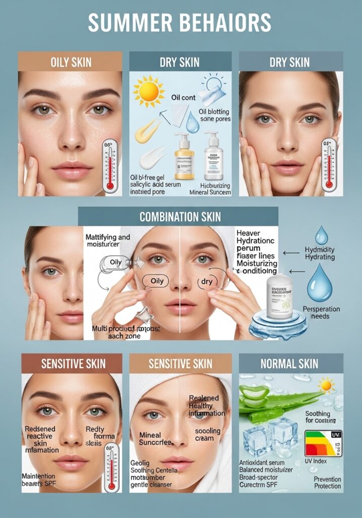 Five skin types in summer: oily, dry, combination, sensitive, and normal skin with specific characteristics and appropriate product solutions.