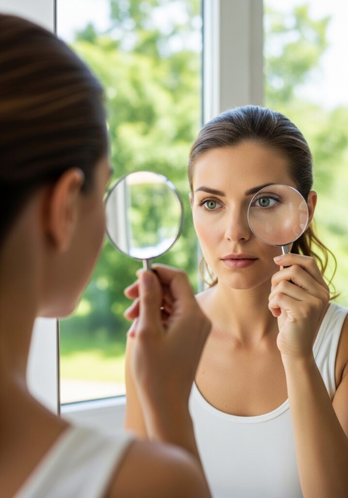 Woman carefully examining and assessing her summer skin needs in natural daylight using mirror and magnifying glass.